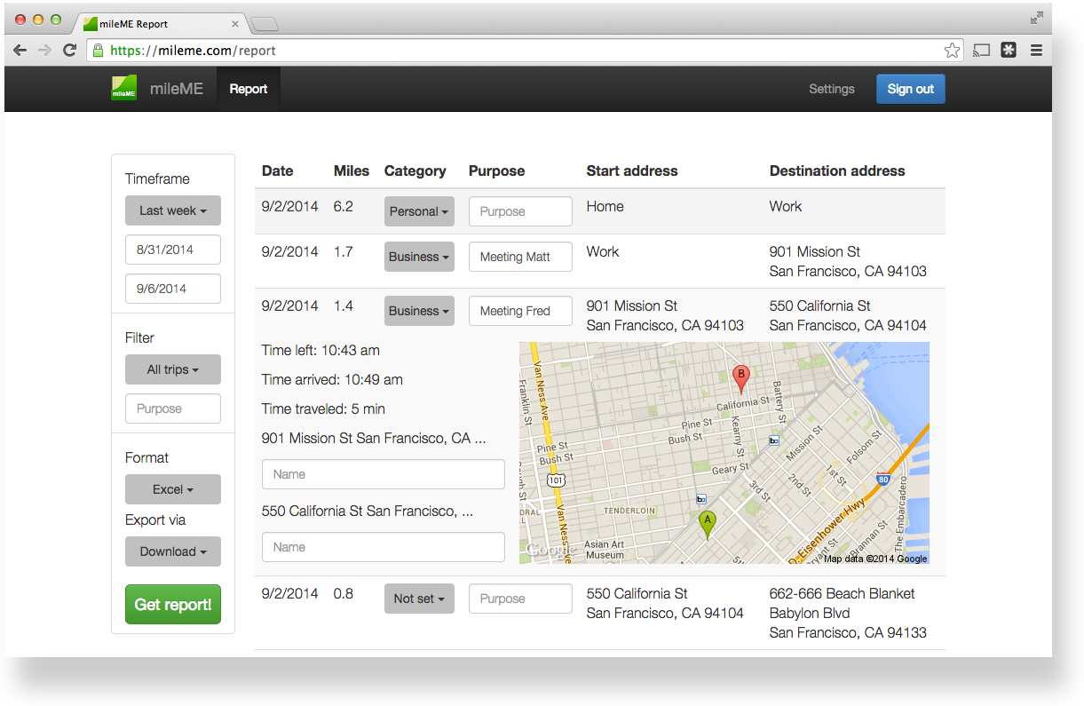 Generate a business mileage report for your taxes or expense reimbursement on mileME.com